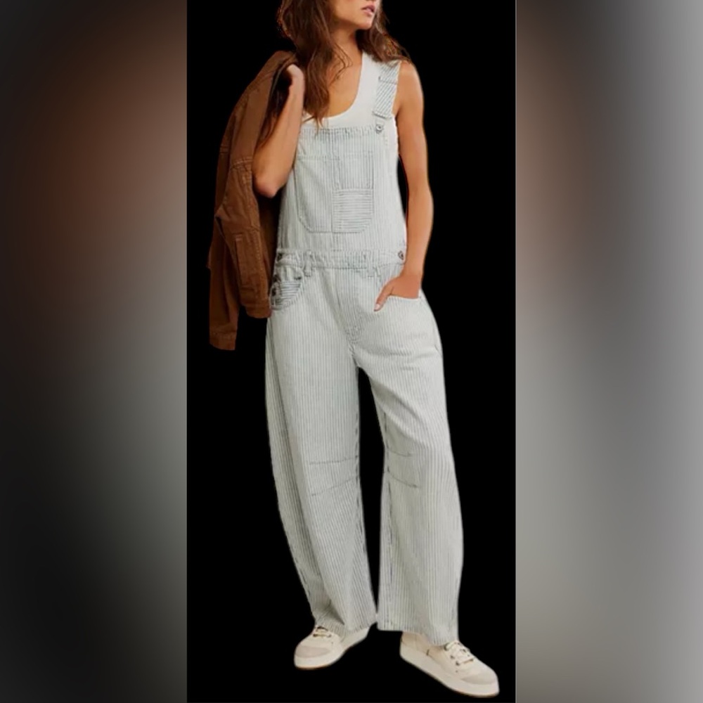 Free People We The Free Good Luck Stripe Overalls Size Medium Barrel Jeans